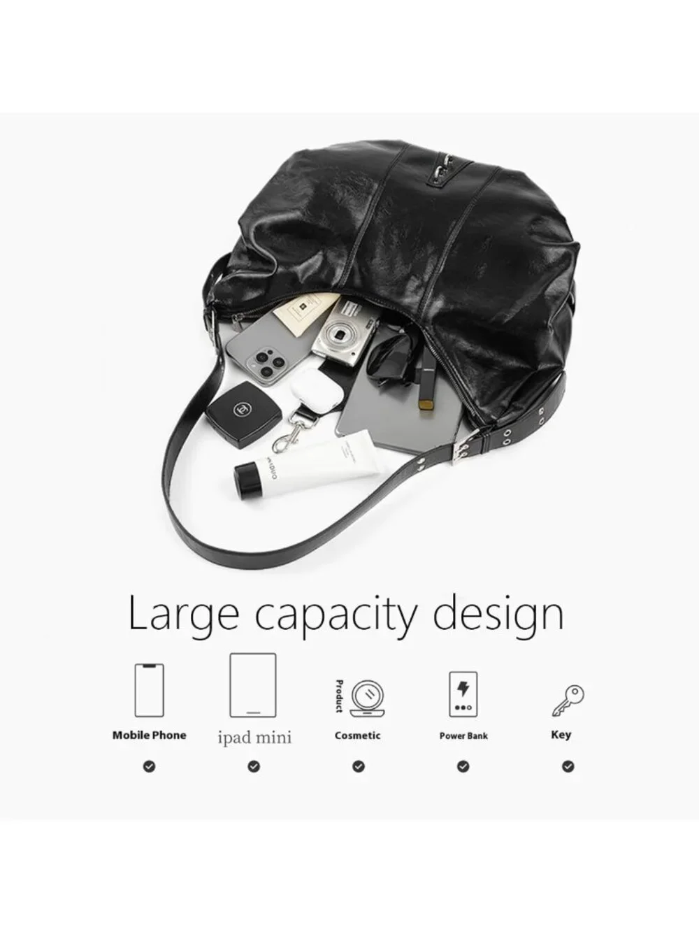 Trendy Y2K Leather Hobo Purse, Buckle Clutch Bag, Large Shoulder Tote for Women